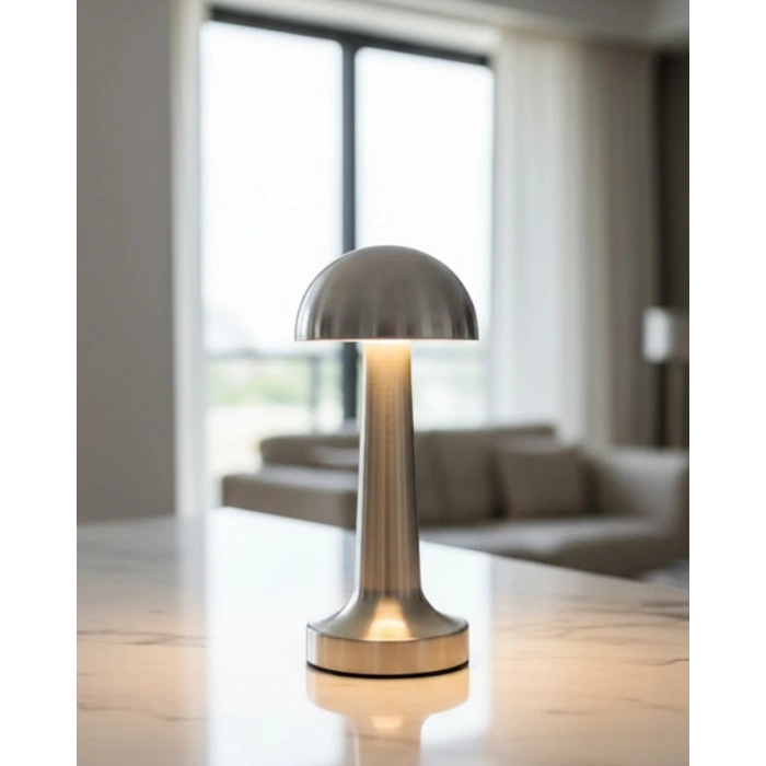 Krom Mantar Masa Lambası Dokunmatik 3 Renk Led Şarjlı Taşınabilir Gece Lambası