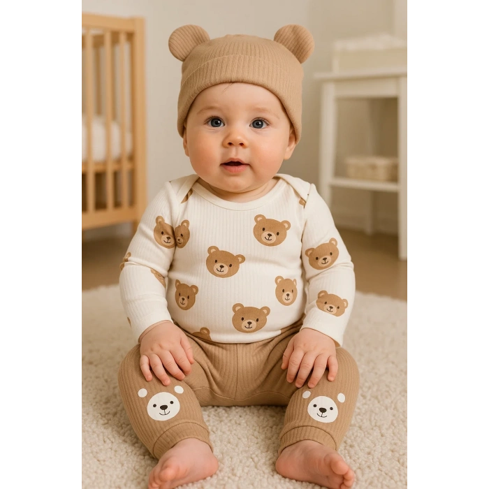Kulaklı Ayıcık % 100 Pamuk 3lü Erkek Bebek Takım