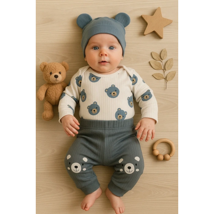 Kulaklı Ayıcık % 100 Pamuk 3lü Erkek Bebek Takım