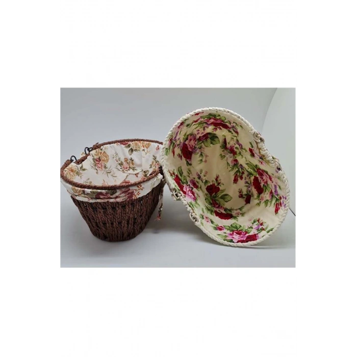 Kumaşlı Hasır Ekmek Sepeti Saplı Oval -MTR-2003-51
