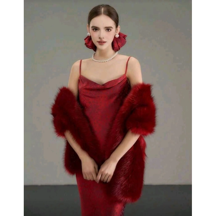 Kürk Orijinal Kırmızı Seksi Omuzluk Şık Kürk