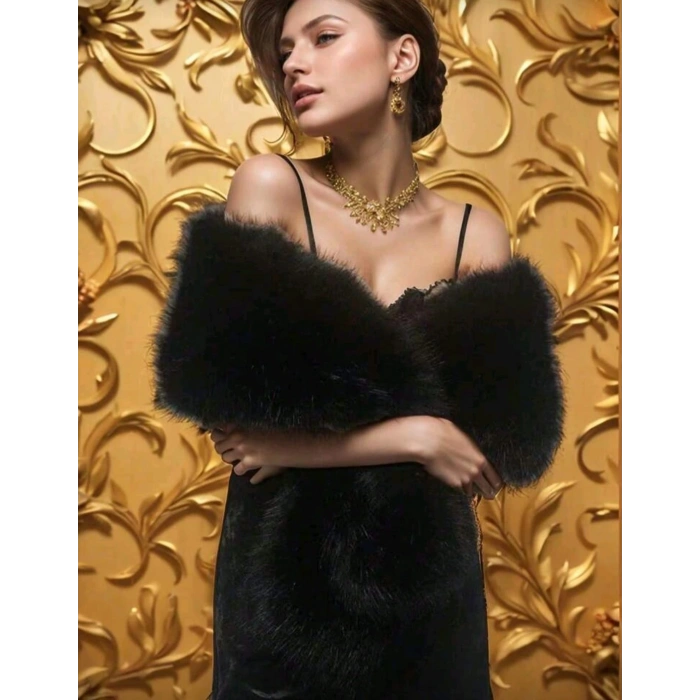 Kürk Orijinal Siyah Seksi Omuzluk Şık Kürk