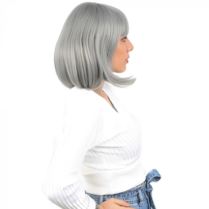 Küt Kahküllü Fiber Sentetik Peruk - Gri