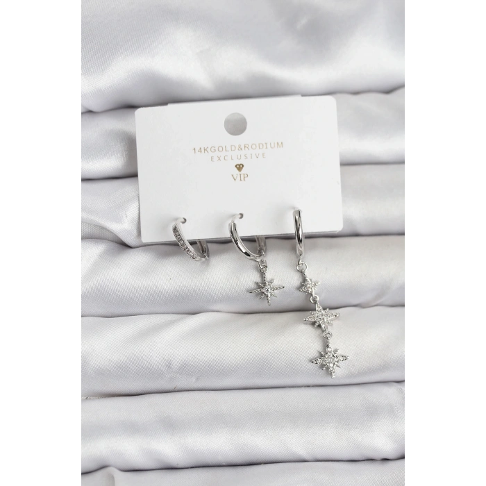 Kutup Yıldızı Model Gümüş Renk Pirinç 3lü Kadın Küpe Seti - TJ-BKP11444