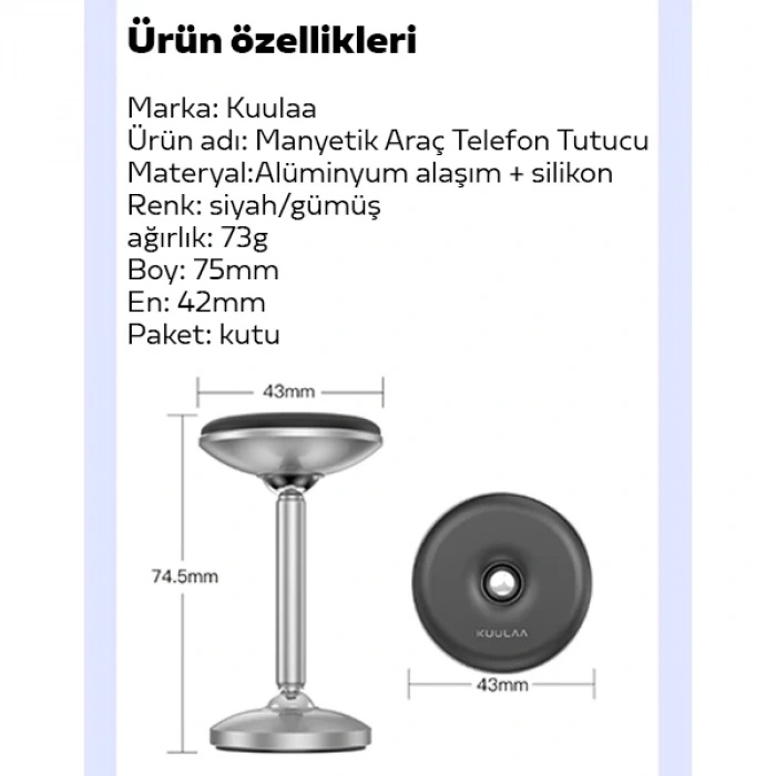 Kuulaa Güçlü Mıknatıslı Manyetik Standlı Cep Telefon Araç Tutucu