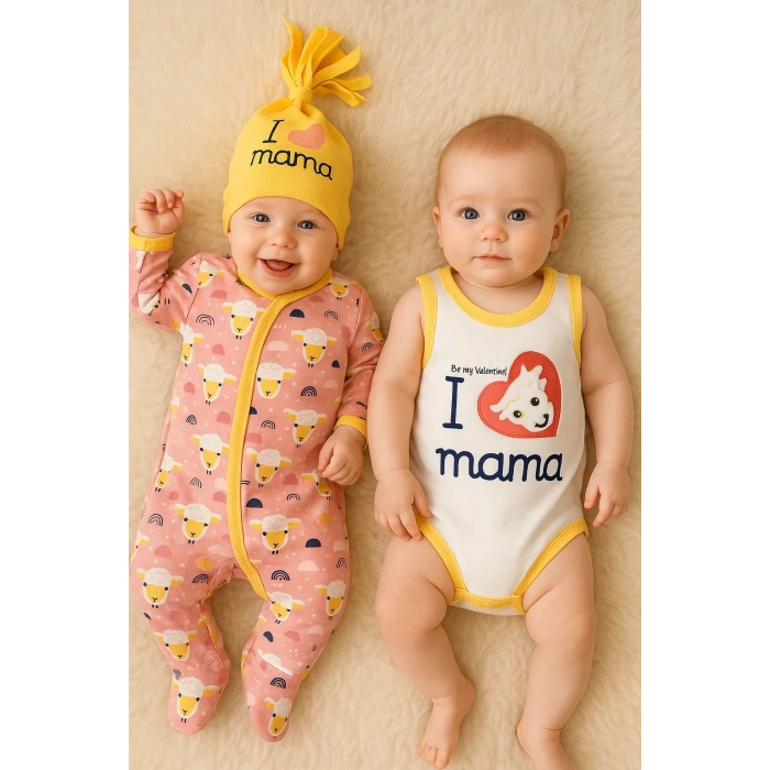 Kuzu Figürlü Şapkalı 3lü Bebek Takımı