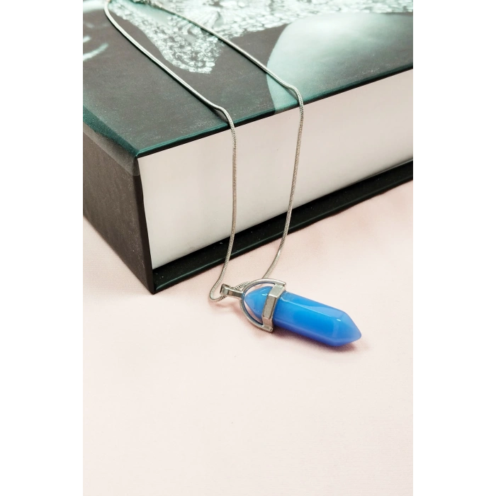 Kyanit Doğal Taşı Zincirli El Yapımı Tasarımlı Kolye Uç: 3,5 cm Zincir: 20 cm Kutulu