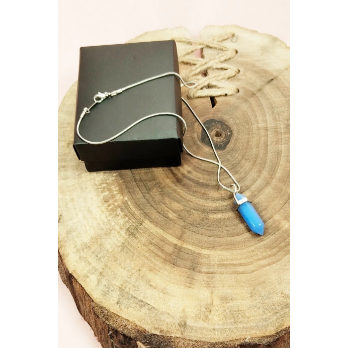 Kyanit Doğal Taşı Zincirli El Yapımı Tasarımlı Kolye Uç: 3,5 cm Zincir: 20 cm Kutulu