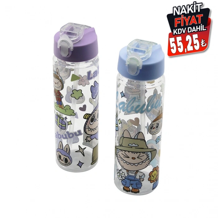 LABUBU ÇOCUK ÇİZGİ FİLM KARAKTER RESİMLİ SU MATARASI ŞEFFAF PLASTİK PİPETLİ KİLİTLİ KAPAK (4887)