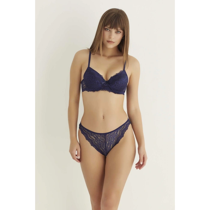 Lacivert Destekli Slip Külotlu Dantelli Sütyen Takımı 4007
