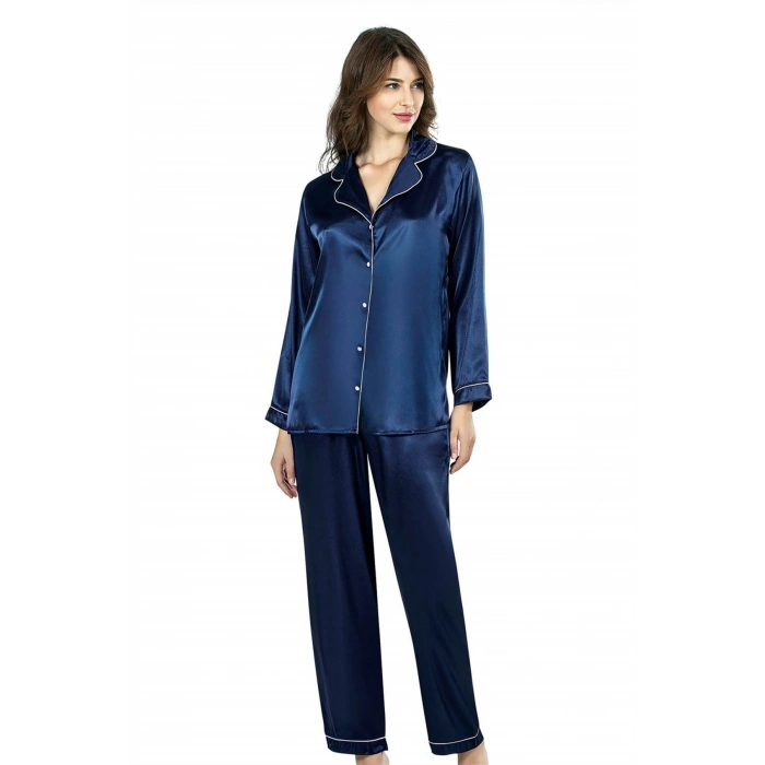Lacivert İkili Saten Gecelik Pijama Takımı 7647