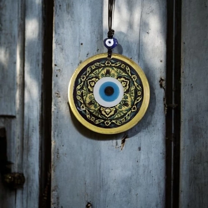 Lale desenli Altın Rengi Nazar Boncuklu Füzyon Cam Duvar Dekoru