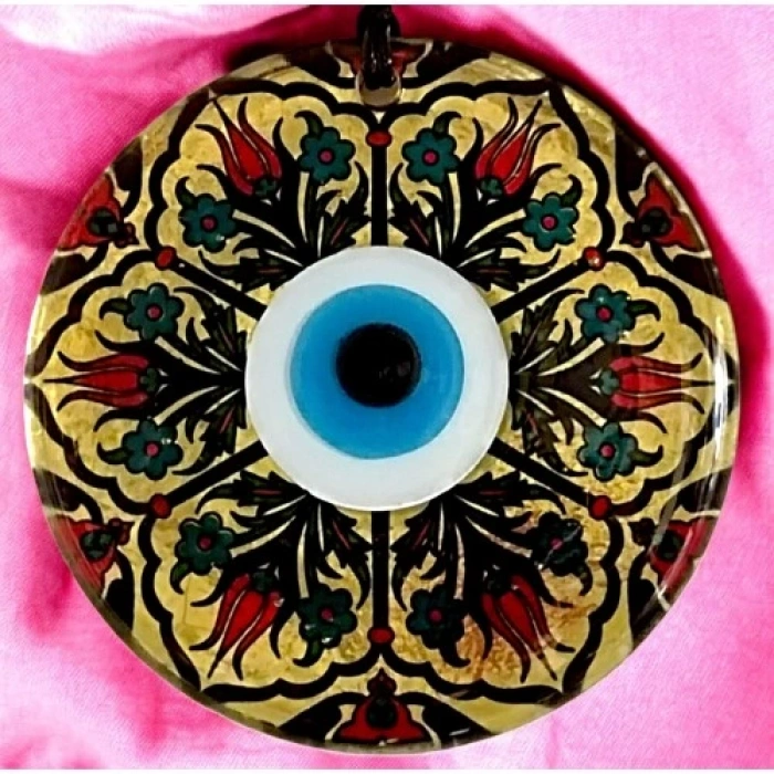 Lale Desenli Altın Varaklı Nazar Boncuklu Füzyon Cam Duvar Dekoru