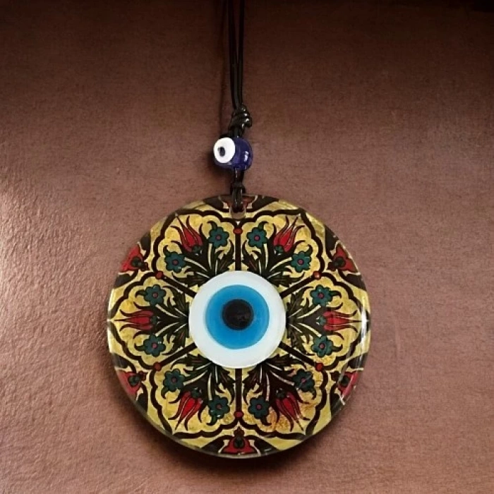 Lale Desenli Altın Varaklı Nazar Boncuklu Füzyon Cam Duvar Dekoru