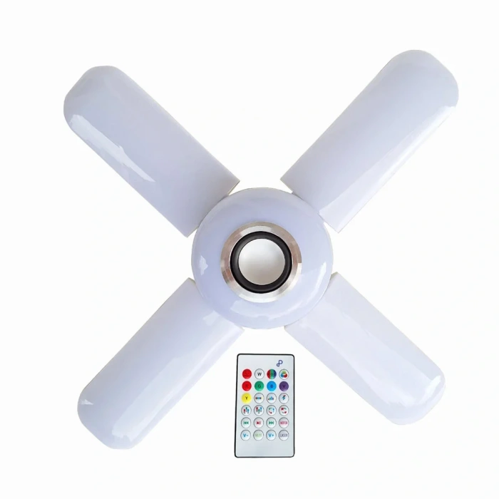 Lamba 4 Kanatlı E27 Duya Takılan Kumandalı Katlanabilir Led Müzik Lamba Işığı Avize Bluetooth Hoparlör (4887)