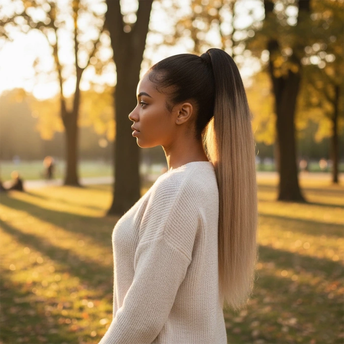 Lastik Tokalı At Kuyruğu Düz - Kahverengi / Kumral  Ombre Beyaz Platin Röfle