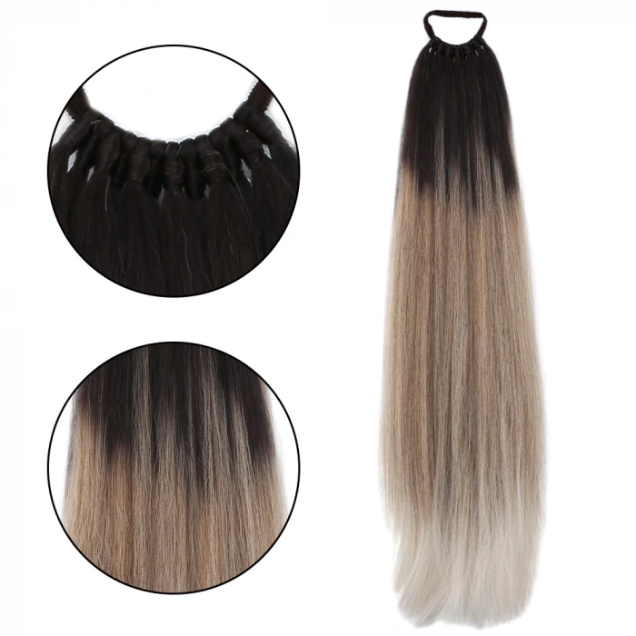 Lastik Tokalı At Kuyruğu Düz - Kahverengi / Kumral  Ombre Beyaz Platin Röfle