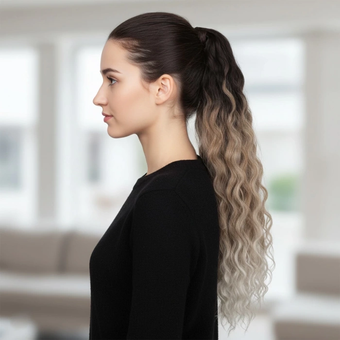 Lastik Tokalı At Kuyruğu Kabarık Afro Dalgalı - Kahverengi / Kumral  Ombre Beyaz Platin Röfle