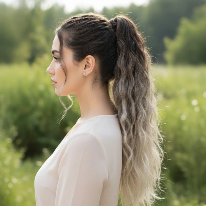 Lastik Tokalı At Kuyruğu Kabarık Afro Dalgalı - Kumral / Beyaz Platin Ombre