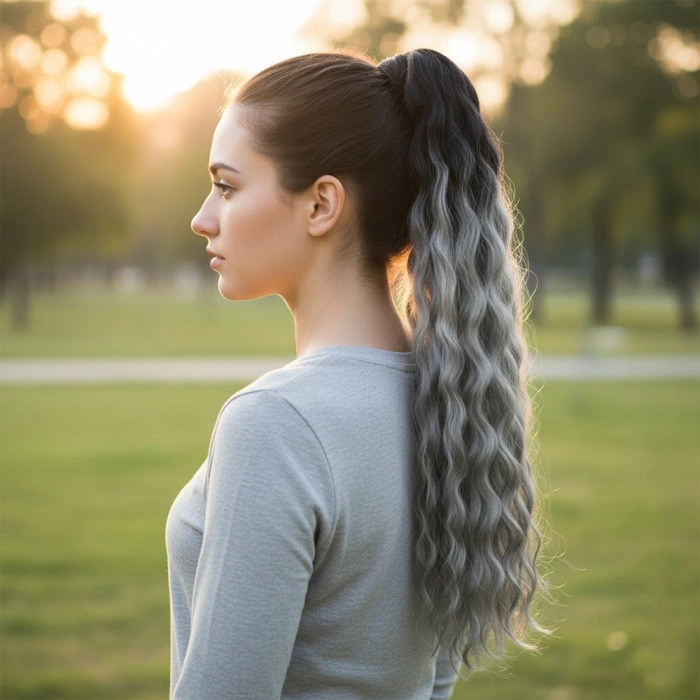 Lastik Tokalı At Kuyruğu Kabarık Afro Dalgalı - Siyah / Gri Ombre
