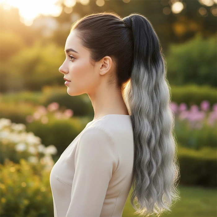 Lastik Tokalı At Kuyruğu Su Dalgalı - Siyah / Gri Ombre