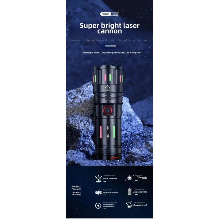 LED El Feneri 2000 Lümen USB Şarj Edilebilir Flash Işığı Yüksek Güçlü El Feneri Taktiksel Uzun Menzil El Lambası XA-B707 (4887)