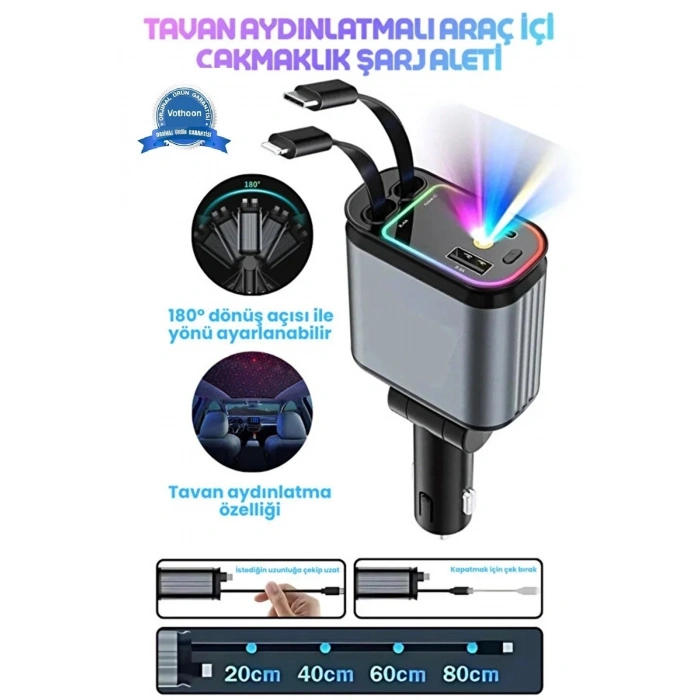 Led Işık Tavan Aydınlatmalı 66w 4’1 Çift Kablolu Hızlı Şarj 3.4a Araç İçi Çakmaklık Şarj Aleti