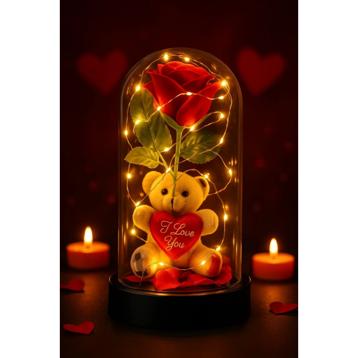 LED Işıklı Mika Fanus İçinde Gül ve Lüx Peluş Ayıcık – 20 cm Sevgiliye Hediye
