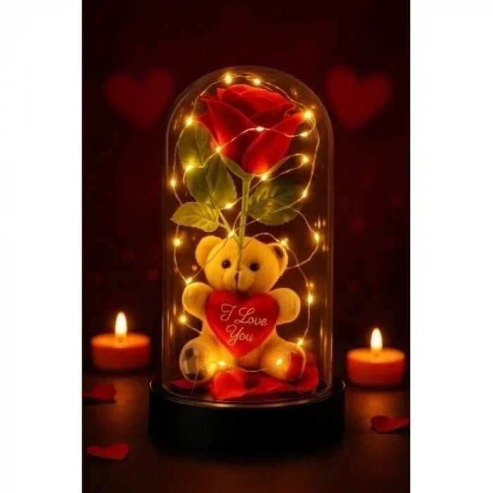 LED Işıklı Mika Fanus İçinde Gül ve Lüx Peluş Ayıcık – 20 cm Sevgiliye Hediye
