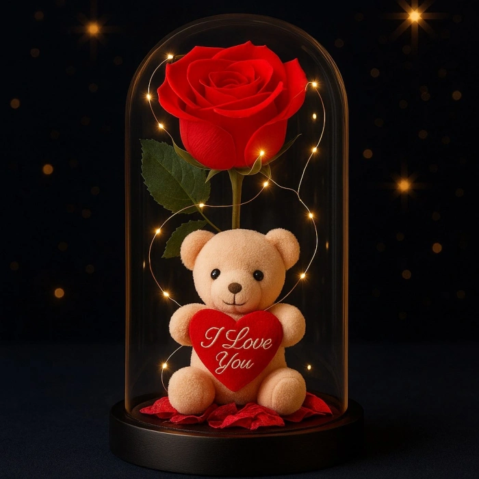 LED Işıklı Mika Fanus İçinde Gül ve Lüx Peluş Ayıcık – 20 cm Sevgiliye Hediye