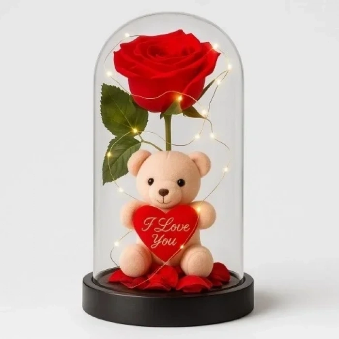 LED Işıklı Mika Fanus İçinde Gül ve Lüx Peluş Ayıcık – 20 cm Sevgiliye Hediye
