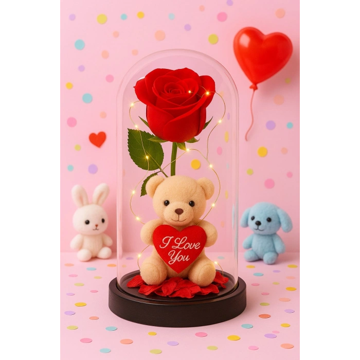 LED Işıklı Mika Fanus İçinde Gül ve Lüx Peluş Ayıcık – 20 cm Sevgiliye Hediye