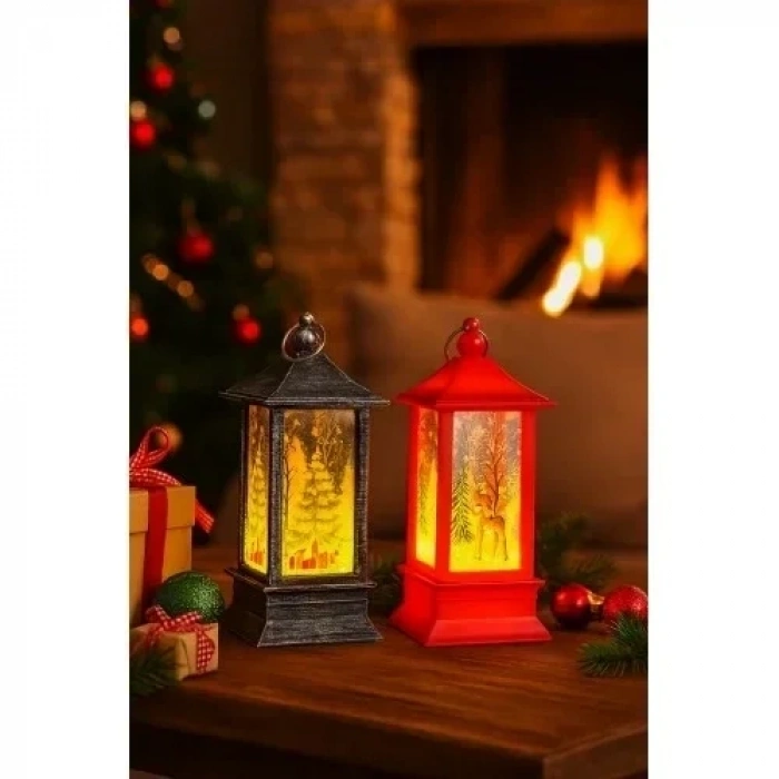 LED Işıklı Noel Feneri 2’li Set – Çam Ağacı & Bambi Temalı Dekoratif Yılbaşı Lambası 14 Cm