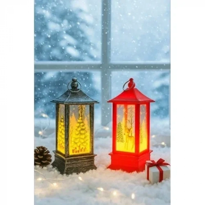 LED Işıklı Noel Feneri 2’li Set – Çam Ağacı & Bambi Temalı Dekoratif Yılbaşı Lambası 14 Cm