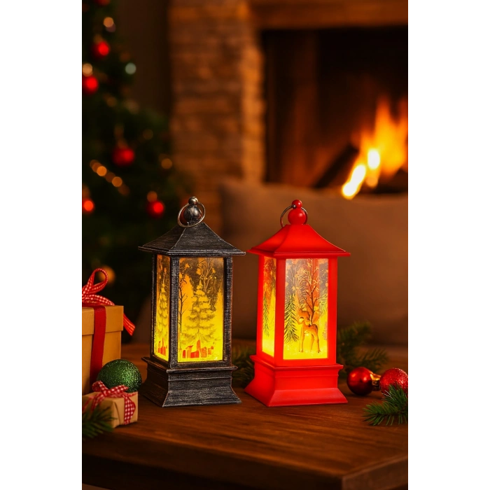 LED Işıklı Noel Feneri 2’li Set – Çam Ağacı & Bambi Temalı Dekoratif Yılbaşı Lambası 14 Cm