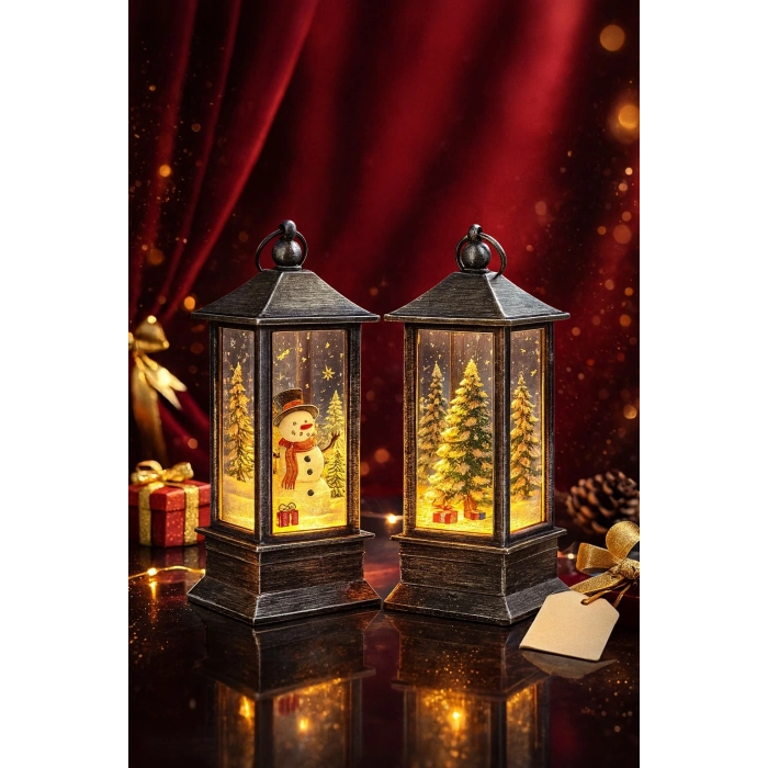 LED Işıklı Noel Feneri 2’li Set – Kardan Adam  & Çam Ağacı Temalı Dekoratif Yılbaşı Lambası 14 Cm