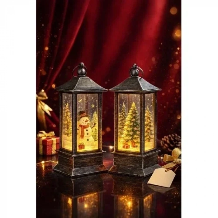 LED Işıklı Noel Feneri 2’li Set – Kardan Adam & Çam Ağacı Temalı Dekoratif Yılbaşı Lambası 14 Cm