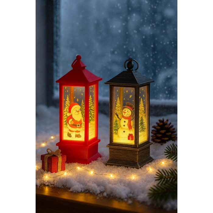 LED Işıklı Noel Feneri 2’li Set – Noel Baba & Kardan Adam Temalı Dekoratif Yılbaşı Lambası 14 Cm