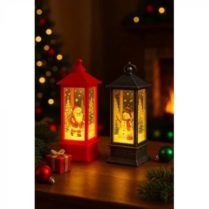 LED Işıklı Noel Feneri 2’li Set – Noel Baba & Kardan Adam Temalı Dekoratif Yılbaşı Lambası 14 Cm