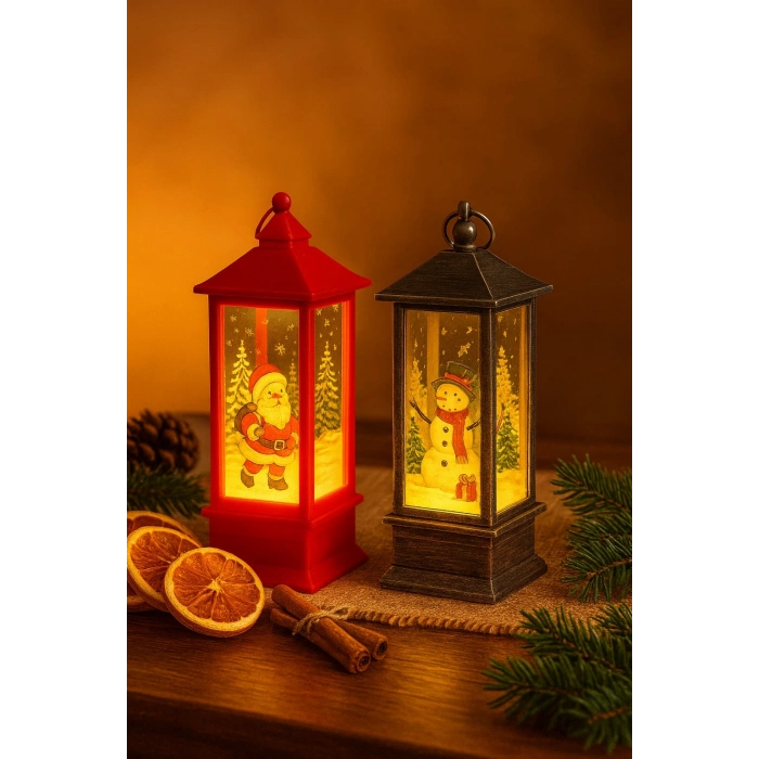 LED Işıklı Noel Feneri 2’li Set – Noel Baba & Kardan Adam Temalı Dekoratif Yılbaşı Lambası 14 Cm