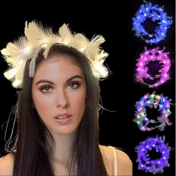 Led Işıklı Rengarenk Yanan 3 Fonksiyonlu Otrişli Parti Tacı Beyaz Renk 12x12 cm