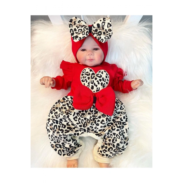 Leopar Desenli Fiyonklu % 100 Pamuk Kız Bebek Tulum