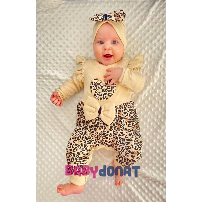 Leopar Desenli Fiyonklu % 100 Pamuk Kız Bebek Tulum