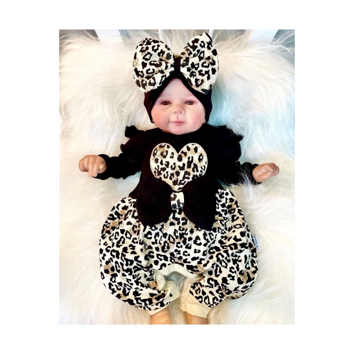 Leopar Desenli Fiyonklu % 100 Pamuk Kız Bebek Tulum