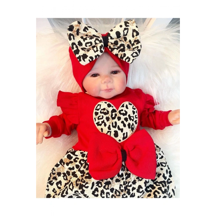 Leopar Desenli Fiyonklu % 100 Pamuk Kız Bebek Tulum