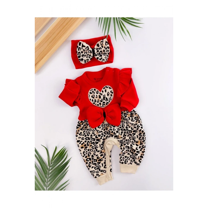 Leopar Desenli Fiyonklu % 100 Pamuk Kız Bebek Tulum