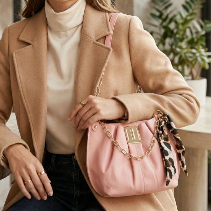 Leopar Desenli Fular Detaylı Pudra Pembesi Çanta