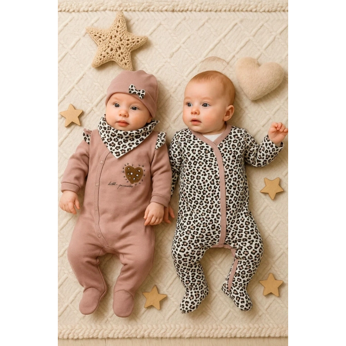 Leopar Desenli Kız Bebek 4lü Tulum Seti