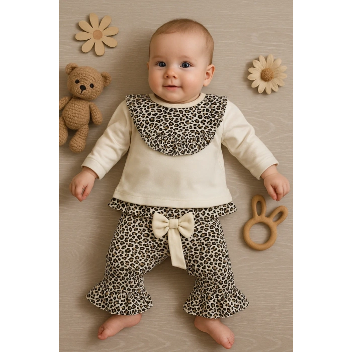 Leopar Detaylı 2li Kız Bebek Takım %100 Pamuk