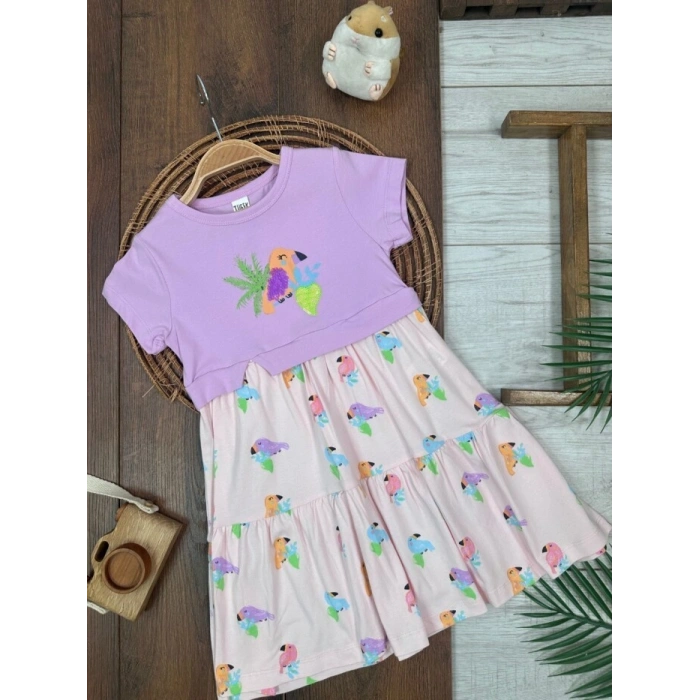 LİLA BİSİKLET YAKA KISA KOLLU LASTİKLİ BEL PAÇA KIZ ÇOCUK & BEBEK ELBISE